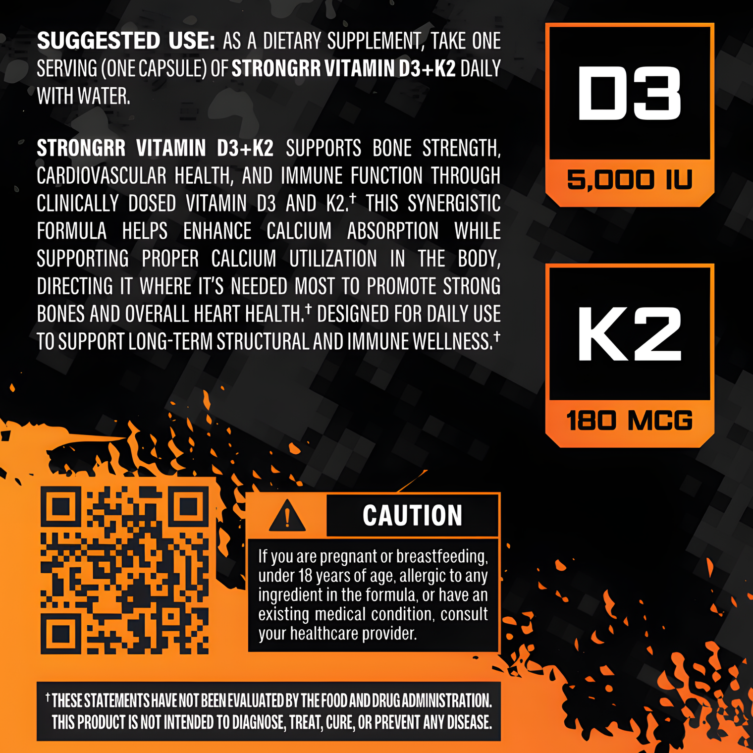Vitamin supplement label with D3 and K2 information on a black and orange background