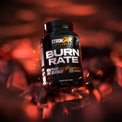  'Burn Rate' bottle by StrongGRR Supplements on a fiery background