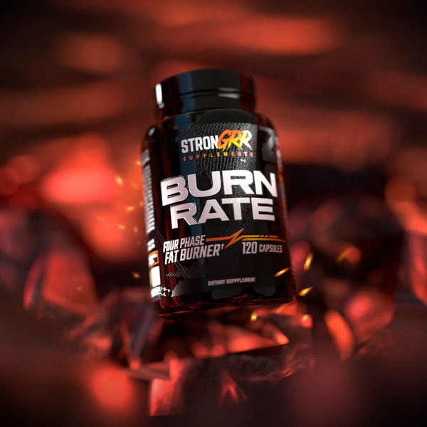  'Burn Rate' bottle by StrongGRR Supplements on a fiery background