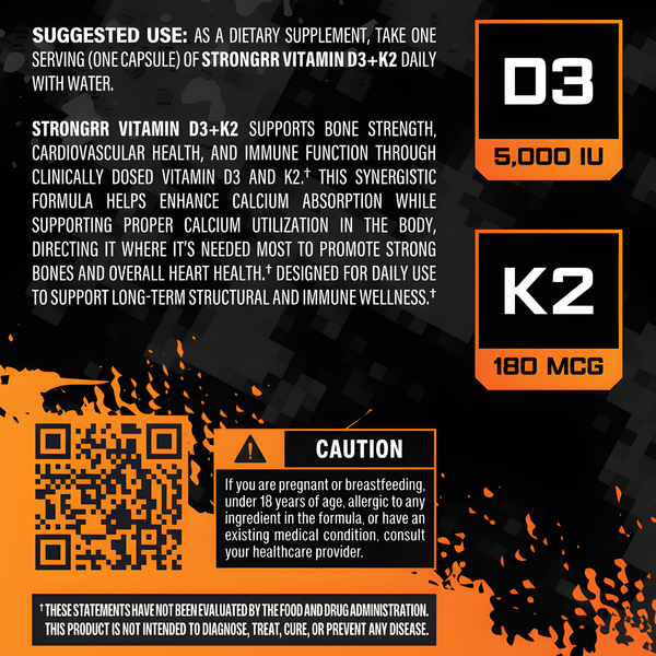 Vitamin supplement label with D3 and K2 information on a black and orange background